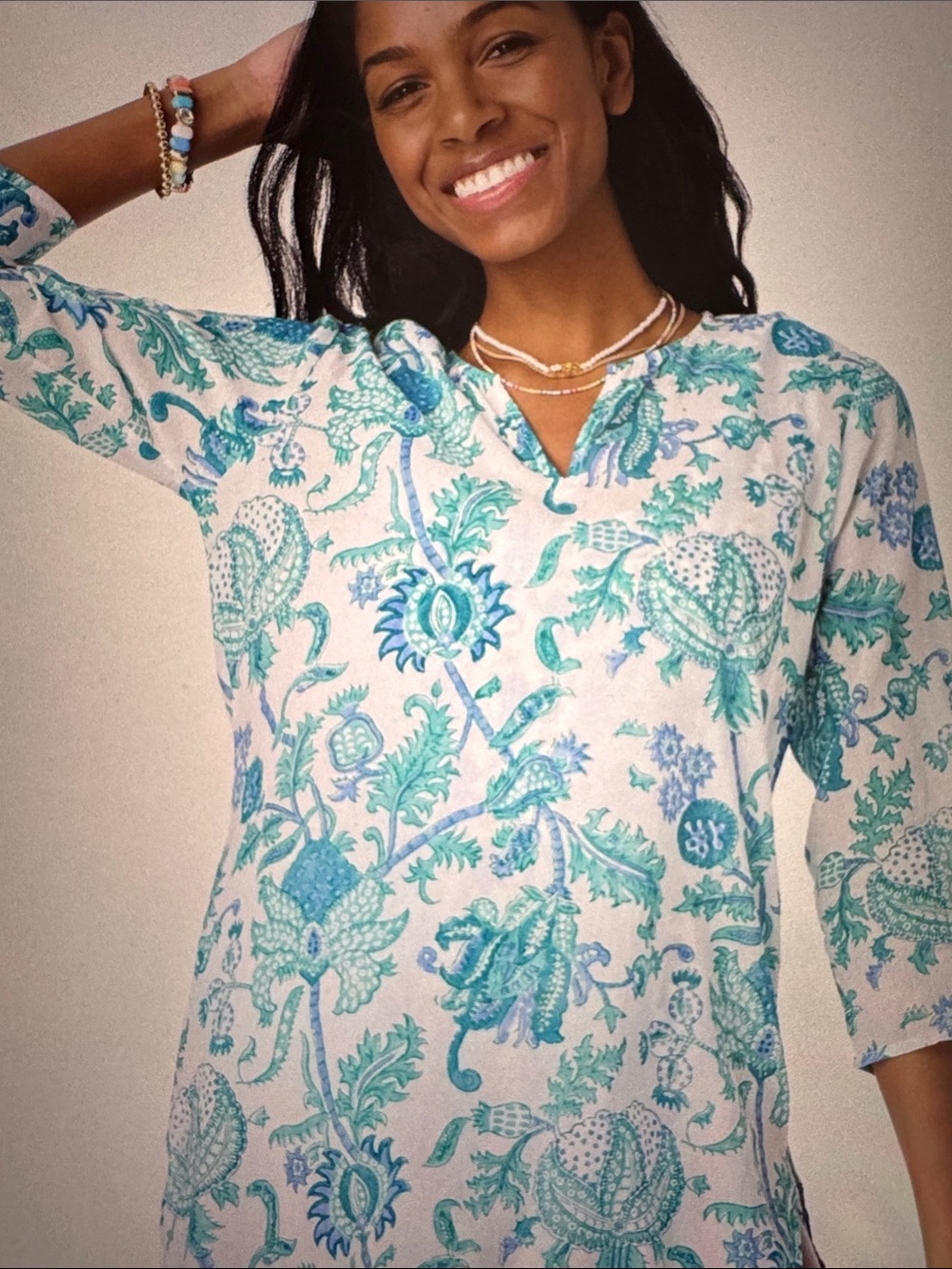 Roller Rabbit Teal & White Floral Long-Sleeve Tunic Dress. Amanda Kurta.